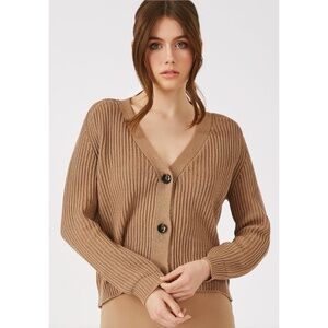 GREY/VEN Oliphant Combed Cotton Ribbed Cardigan in Desert Tan, Size Medium